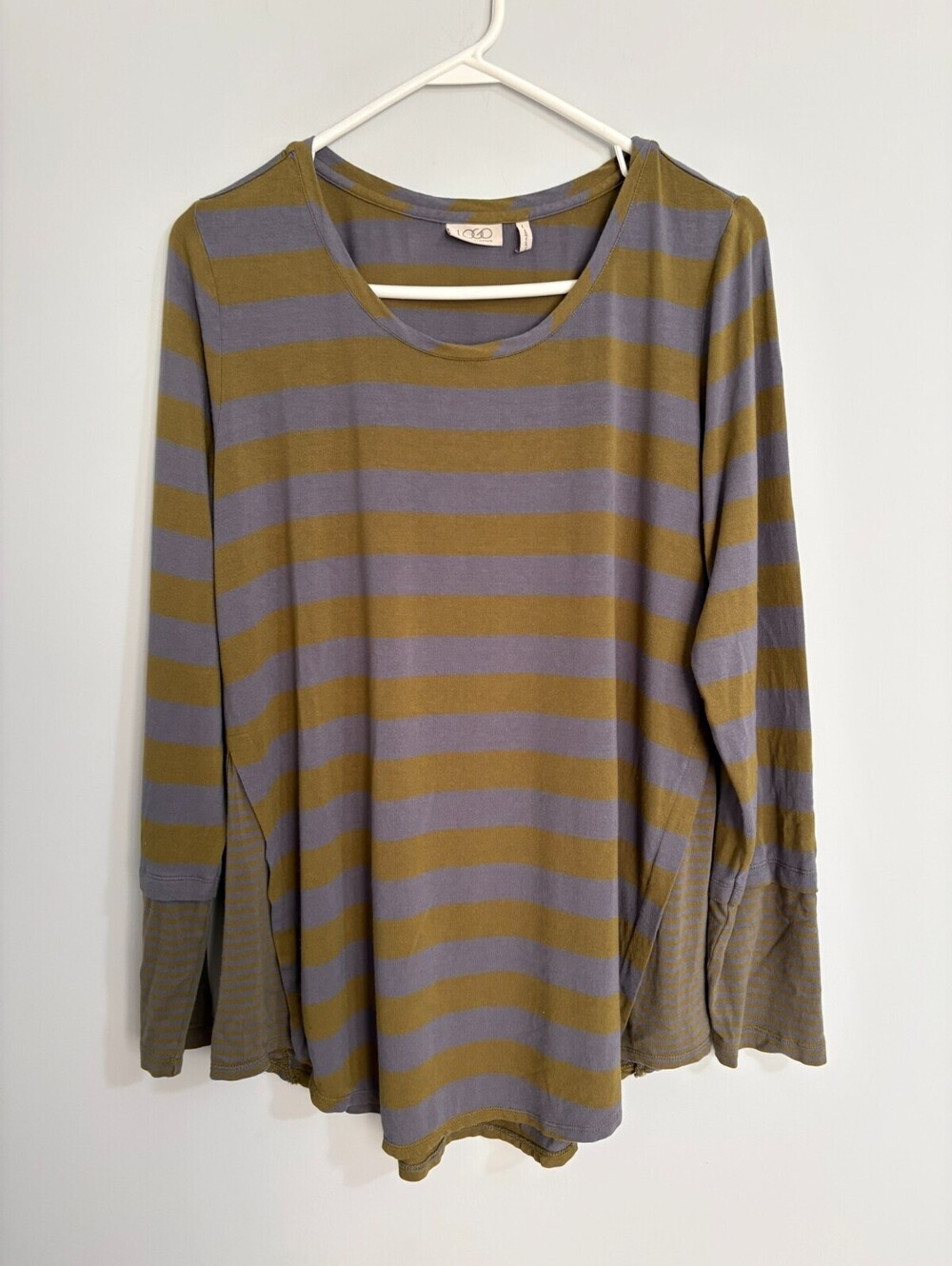 LOGO By Lori Goldstein Womens Tunic Top Olive Gray Striped L Wide Contrast Cuffs